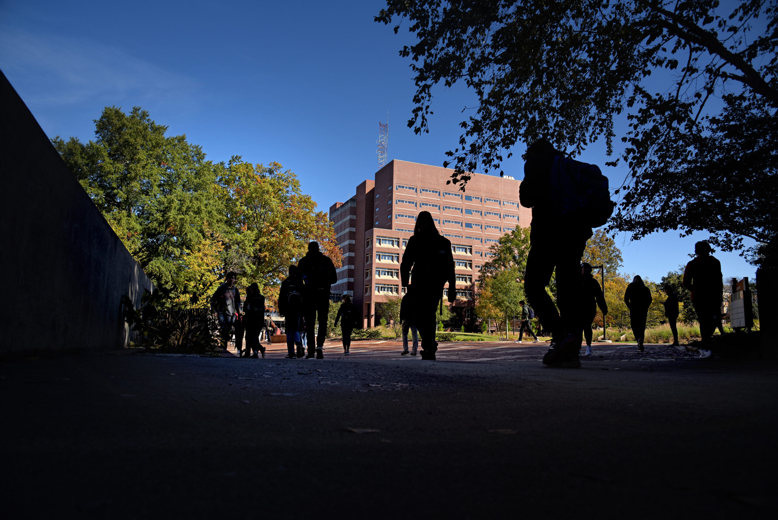 Students walk to class on North Campus at the Brickyard, near the space where Harrelson Hall used to be.